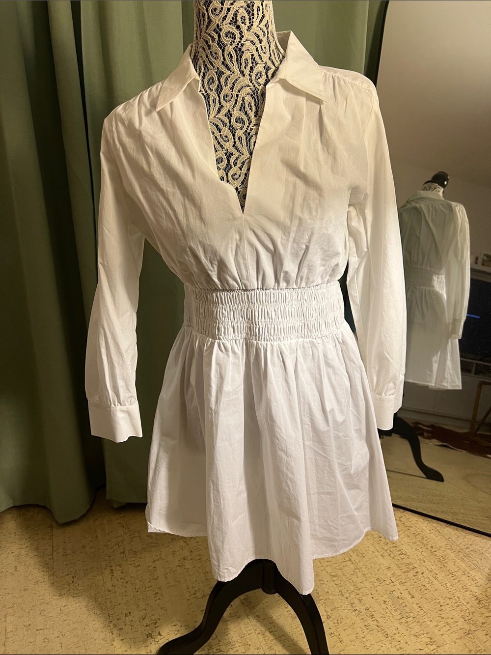 Zara White Smocked-Waist Long Sleeve Shirt Dress